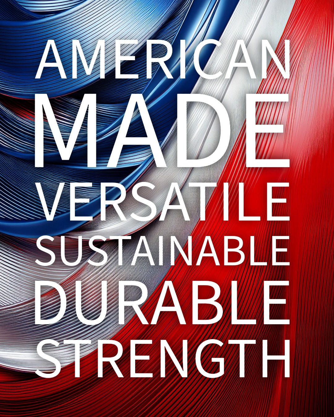 trailex-aluminum-trailers-2026-trends-6 The words “AMERICAN MADE VERSATILE SUSTAINABLE DURABLE STRENGTH” overlay an American-themed graphic.