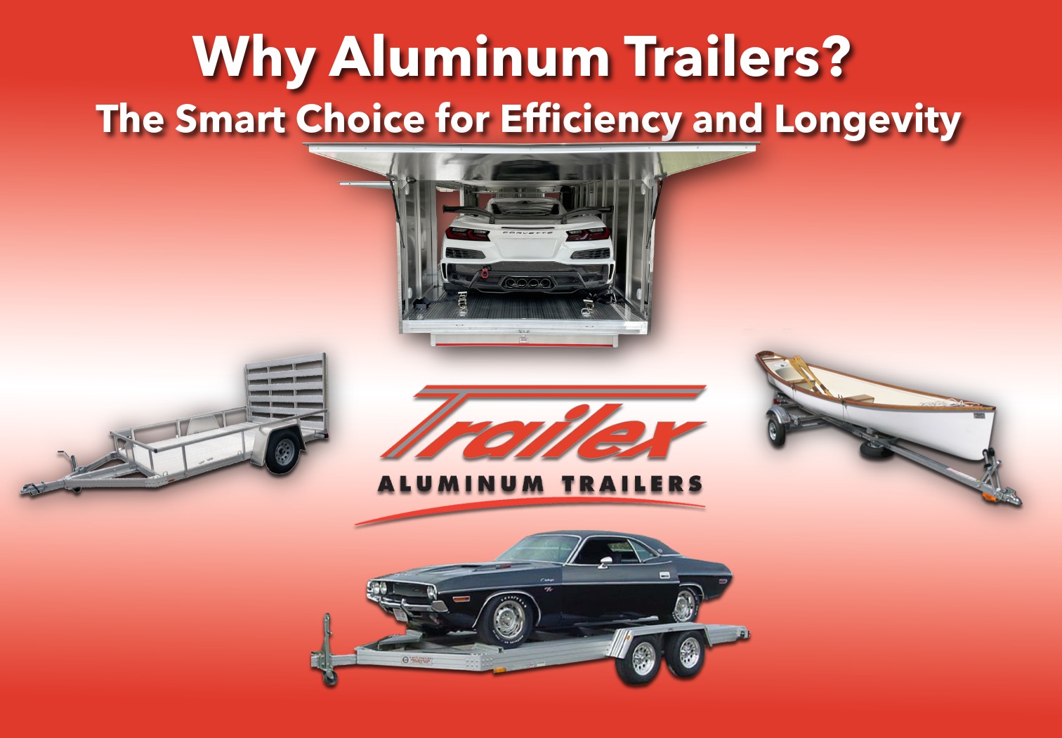 trailex-why-aluminum-trailer-blog-cover Trailex aluminum trailers showcasing a car hauler, boat trailer, and utility models with the message “Why Aluminum Trailers? The Smart Choice for Efficiency and Longevity,” promoting the benefits of durable, lightweight aluminum trailers.