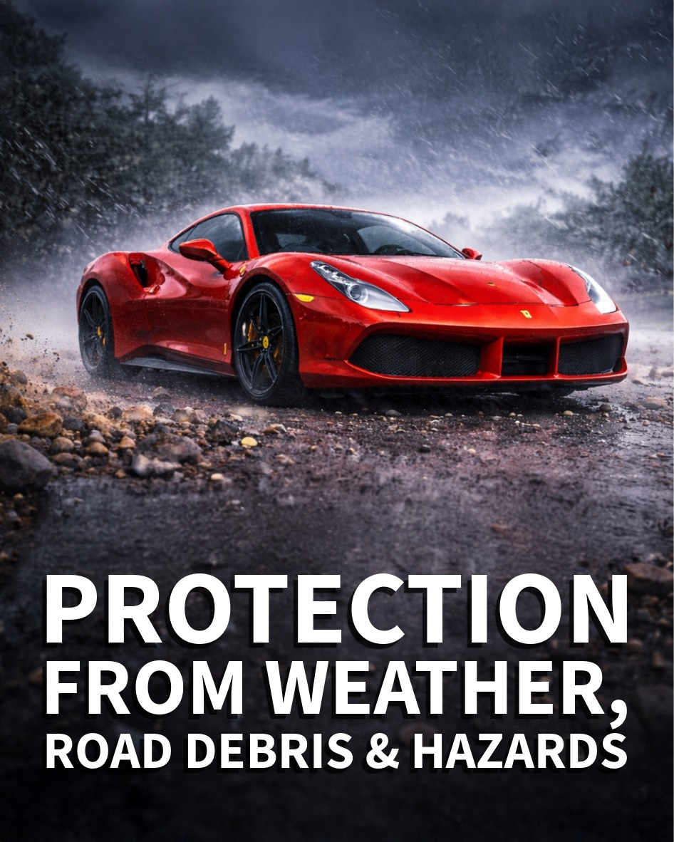 trailex-aluminum-enclosed-car-trailers-6 Red sports car on a gravel road in stormy weather with text “Protection from weather, road debris and hazards.”