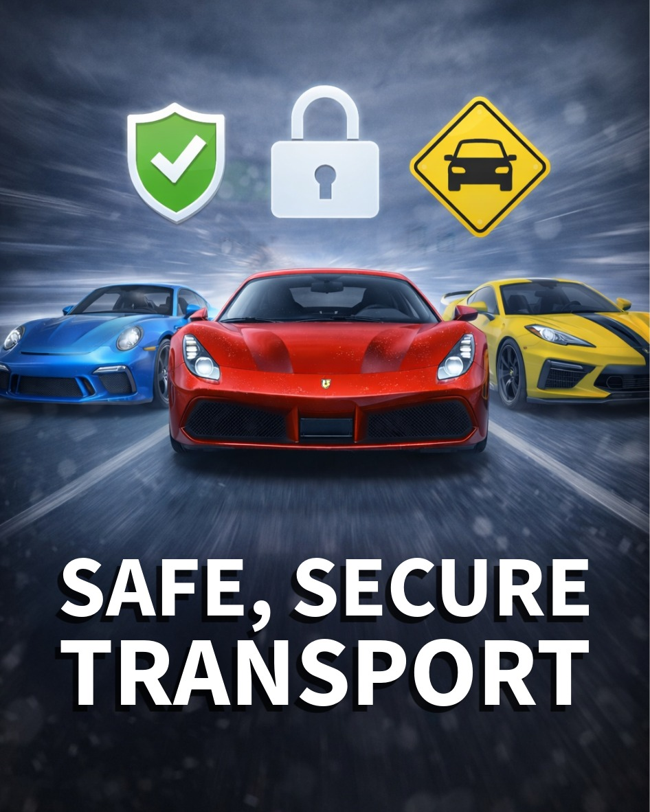 trailex-aluminum-enclosed-car-trailers-7 Three sports cars (blue, red, yellow) speeding on a wet track with icons for safety, security, and caution, and text “Safe, secure transport.”