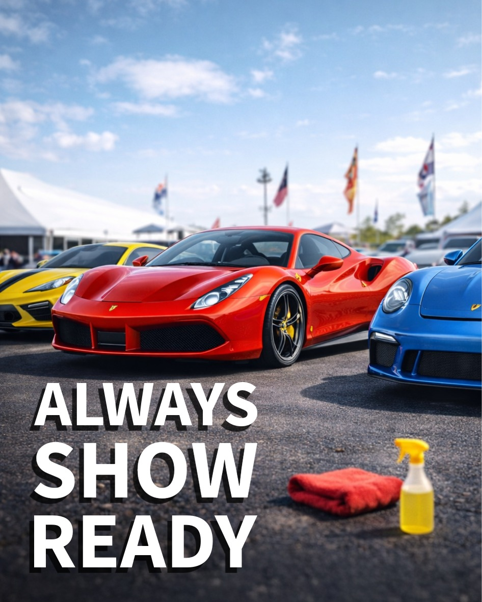 trailex-aluminum-enclosed-car-trailers-8 White text at the bottom left of the image reads “Always show ready” to the right is a cleaning product bottle and rag. Above is a car show scene with cars lined up, left a yellow sports car, center, red and to the left is a blue sports car.