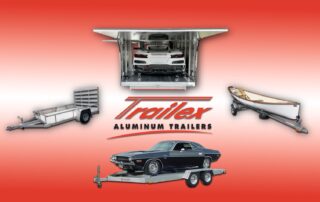 Trailex aluminum trailers showcasing a car hauler, boat trailer, and utility models with the message “Why Aluminum Trailers? The Smart Choice for Efficiency and Longevity,” promoting the benefits of durable, lightweight aluminum trailers.