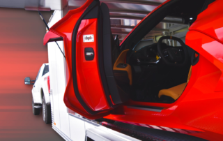 Enclosed white trailer with red sports car, Trailex aluminum trailer logo, and text “Why every new show car owner needs an enclosed trailer: Protect, transport & impress.”